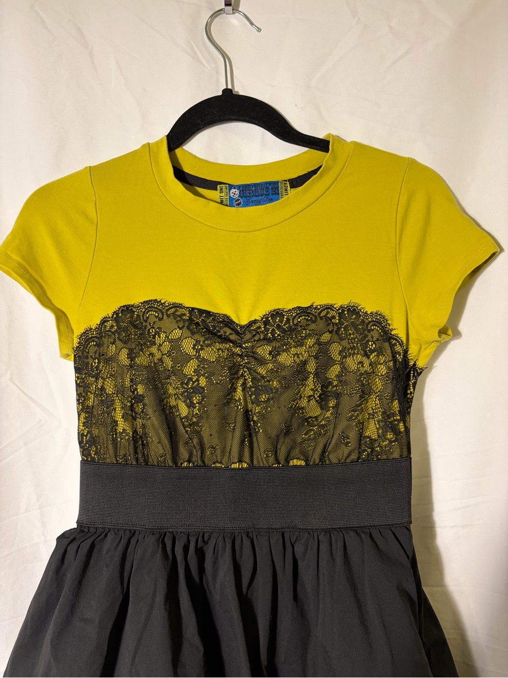 VINTAGE Rare Forever 21 Twist Cirque 21 Yellow Black Lace Bubble Dress Sz S Y2K - Picture 6 of 11